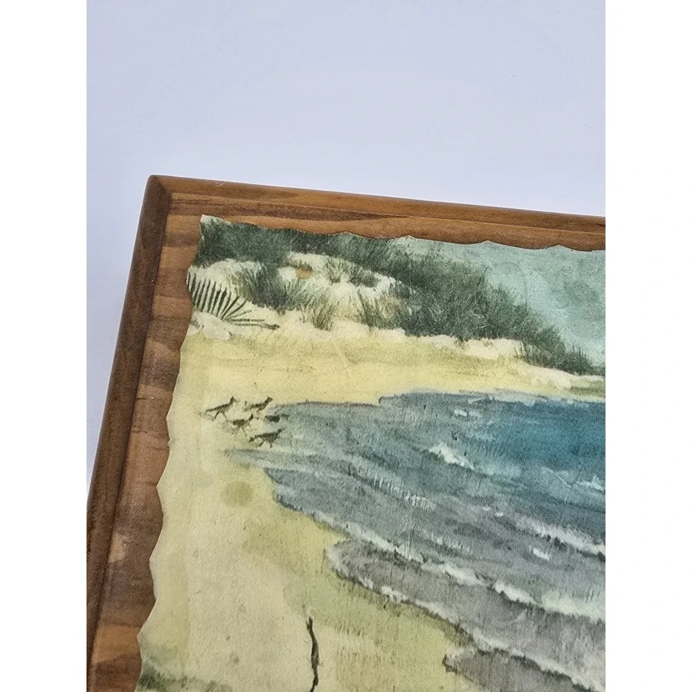 Vintage Mid‎ Century Ocean Beach Wooden Trinket Jewelry Box Seagulls Divided